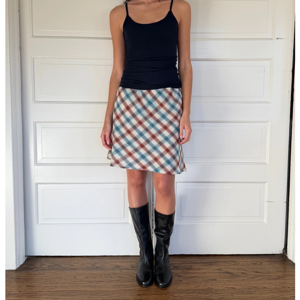 NWT Charlie Beads The 90's Bias Mini Skirt Chestnut Plaid